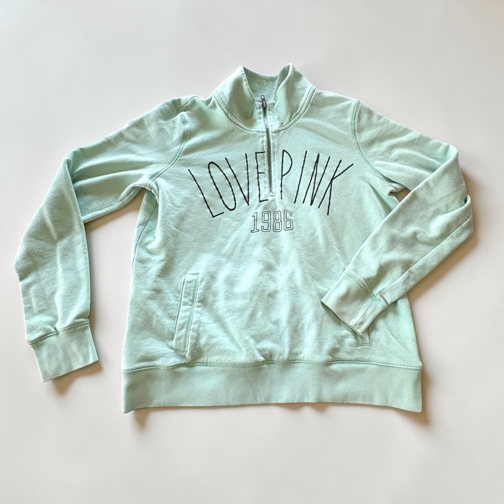 Y2K PINK Victoria's Secret Mint Green 'LOVE PINK' Quarter-Zip Sweatshirt Sz M - Picture 2 of 16